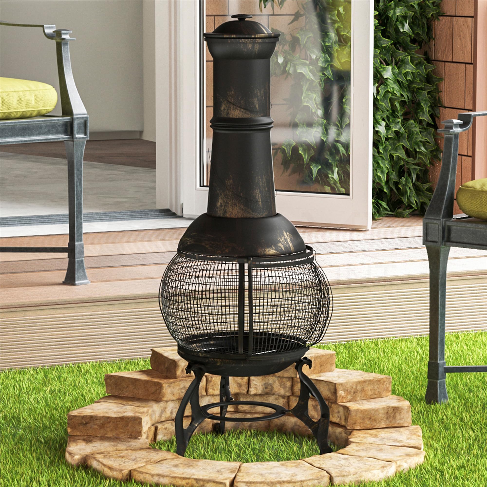 Home Discount® Chauffage de terrasse de Jardin Cheminée en Acier pour Barbecue Grille de Cuisson Cheminée Cheminée, Noir et Doré Antique, Grande