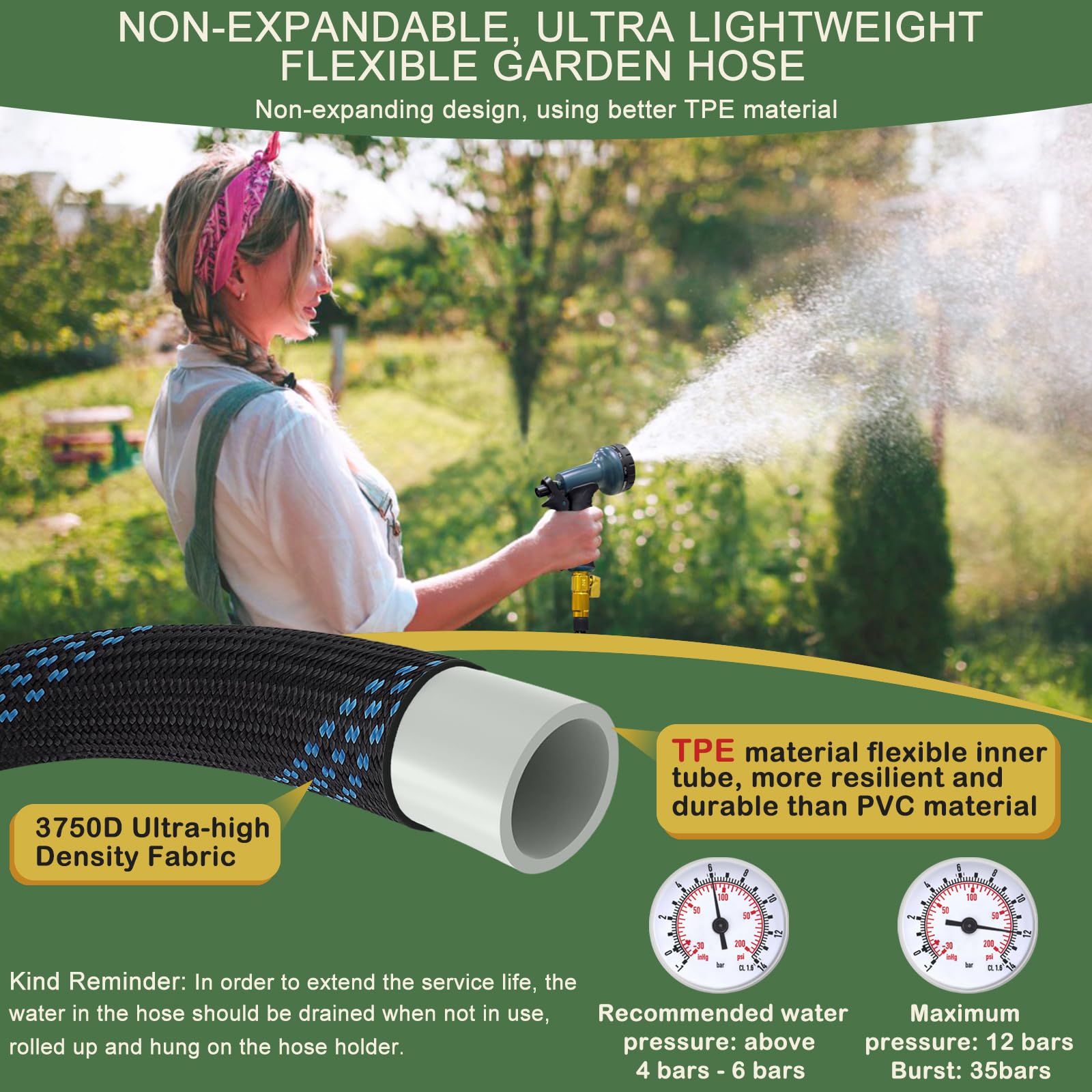 Gartenschlauch, nicht erweiterbar, 7,6 m, leichter flexibler Wasserschlauch mit 10 Funktionen, Sprühdüse, auslaufsicher, knickfrei, tragbarer Schlauch für Hof, Rasen, Camper, hochdichtes Gewebe