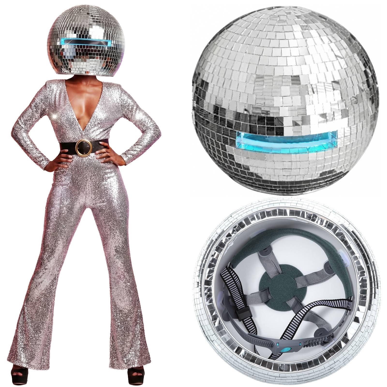 Photo 1 of Sabary 11.81 Inch Disco Ball Helmet Adult Silver Glitter Glass Hat Novelty Punk Disco Ball Costume Cosplay for Nightclubs Parties Bar Djs Stage