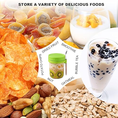 Miniatura 5 de Paquete de 4 recipientes de avena durante la noche con tapas y cuchara, tarros de vidrio de 16 onzas para avena durante la noche, contenedor de