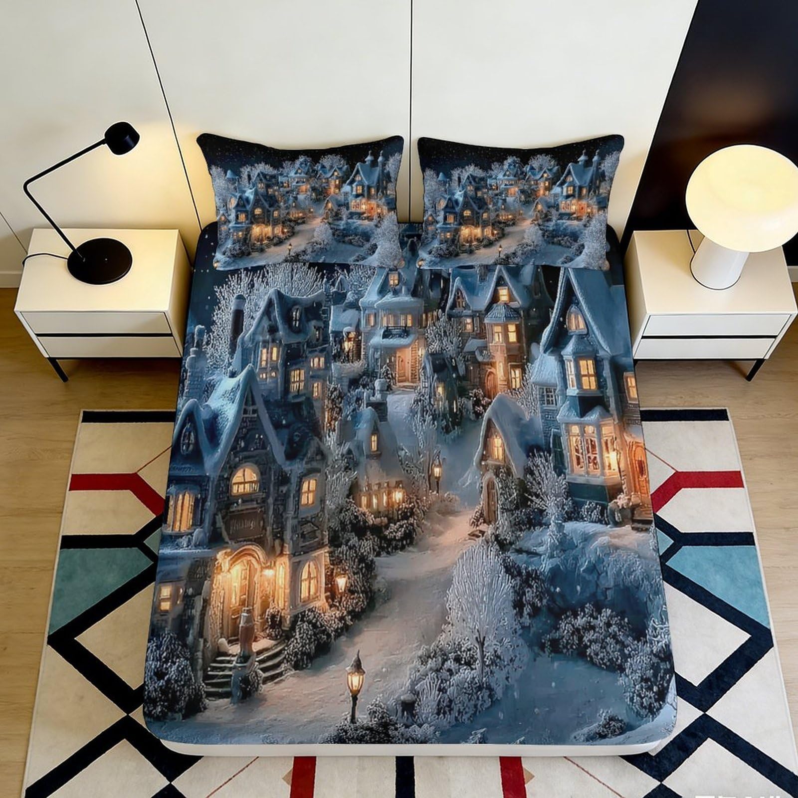 3D Printed Snow Scene Fitted Sheet Microfiber Deep Pocket Bedroom Bedding Snowy Mattress Fitted Cover for Adults Teens 120x200x25cm