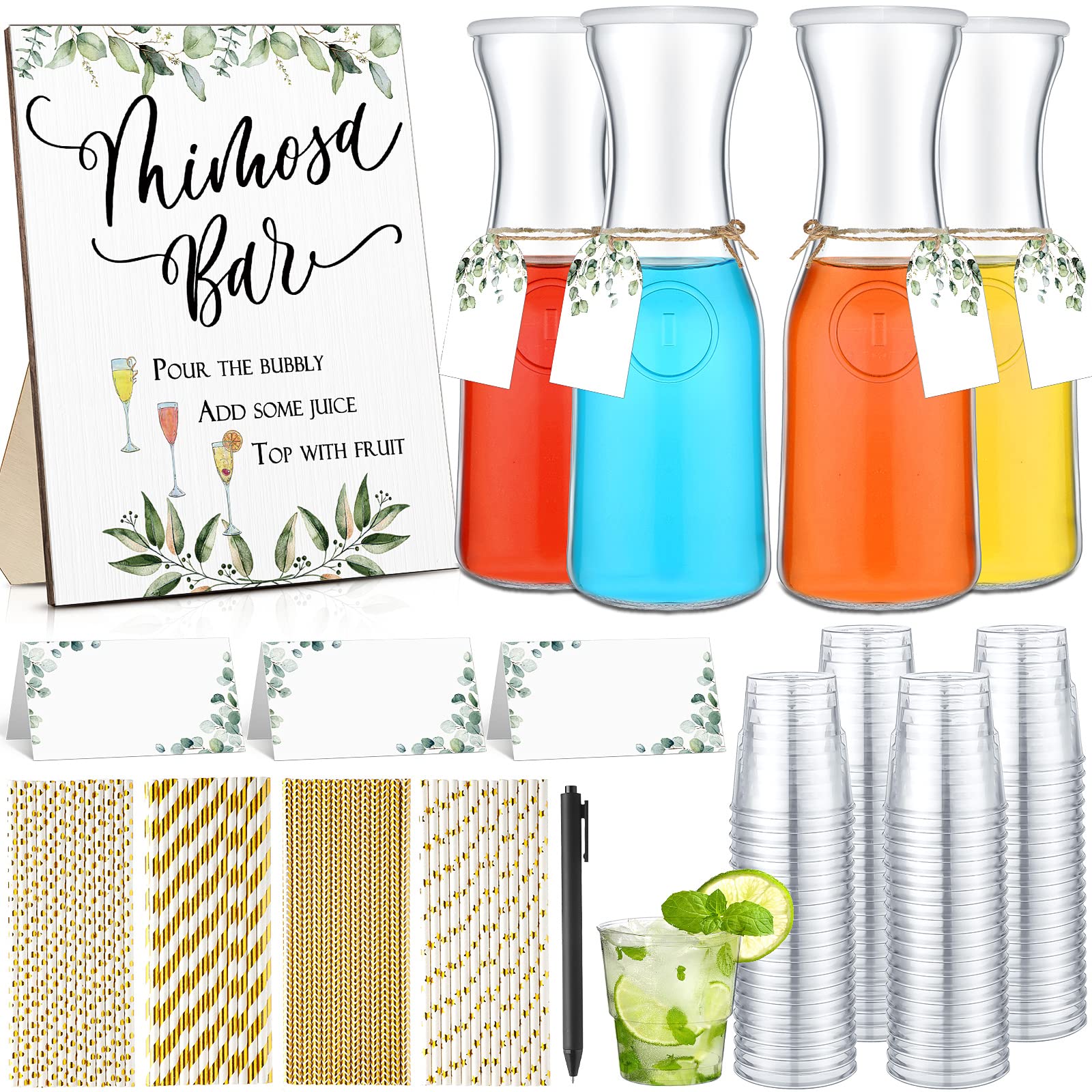 Nuenen Mimosa Bar Kit Wooden Mimosa Bar Sign 4 Glass Carafe 5 Greenery Placecard 5 Bottle Tag 100 Paper Straws 100 Disposable Plastic Cups 5 Hanging Rope 1 Ballpoint Pen for Wedding Bridal Baby Shower