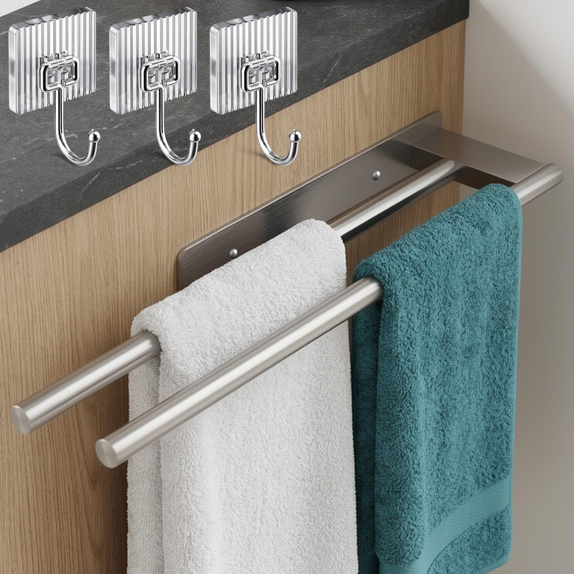 Bathroom Towel Racks Without Drill or with Screws Double Bar Stainless Steel 39 cm + 3 Adhesive Hooks