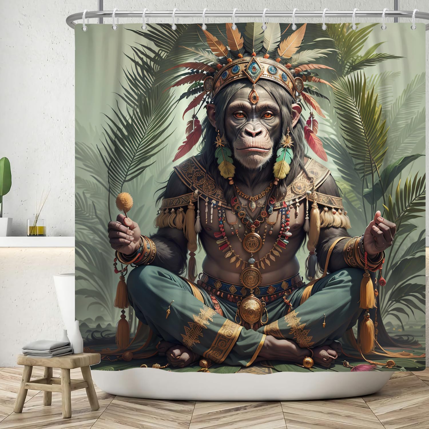 ASDCXZ Shower Curtain 120x200 cm, Hand Painted Funny Africa Gorilla Pharaoh Green Palm Leaves Bath Washable Shower Curtains Polyester Textile Waterproof Bath Curtain for Bathtub with 8 Hooks — image 1