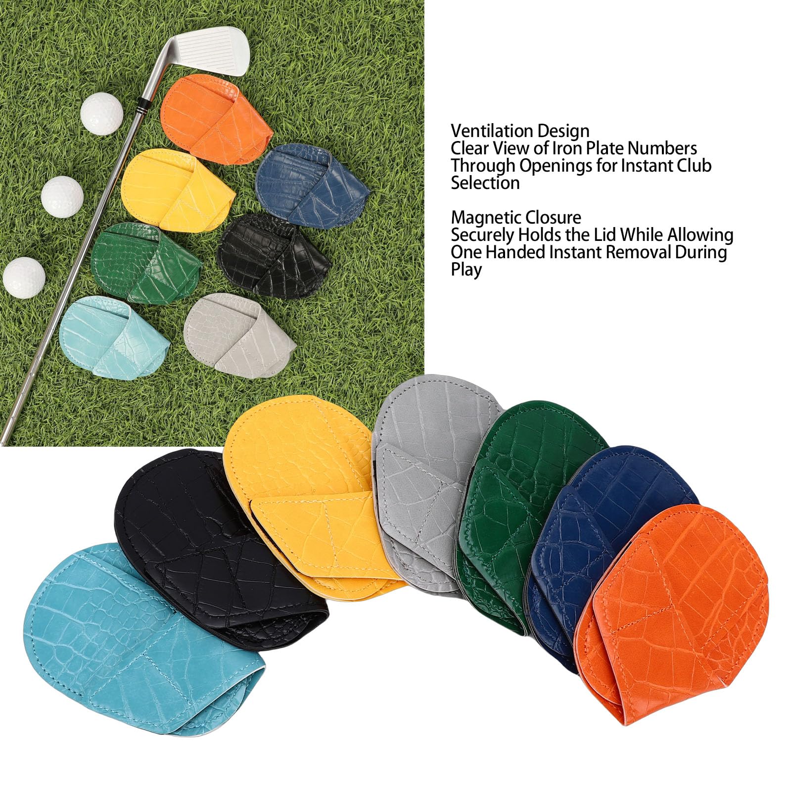 Sxhlseller Iron Woods Golfschlägerkopfhüllen, 7-teilig, Magnetischer Verschluss, Schützendes PU-Leder-Eisenschlägerkopfhüllen-Set mit Belüftungsdesign für den Schutz von Iron Woods Golfschlägerköpfen