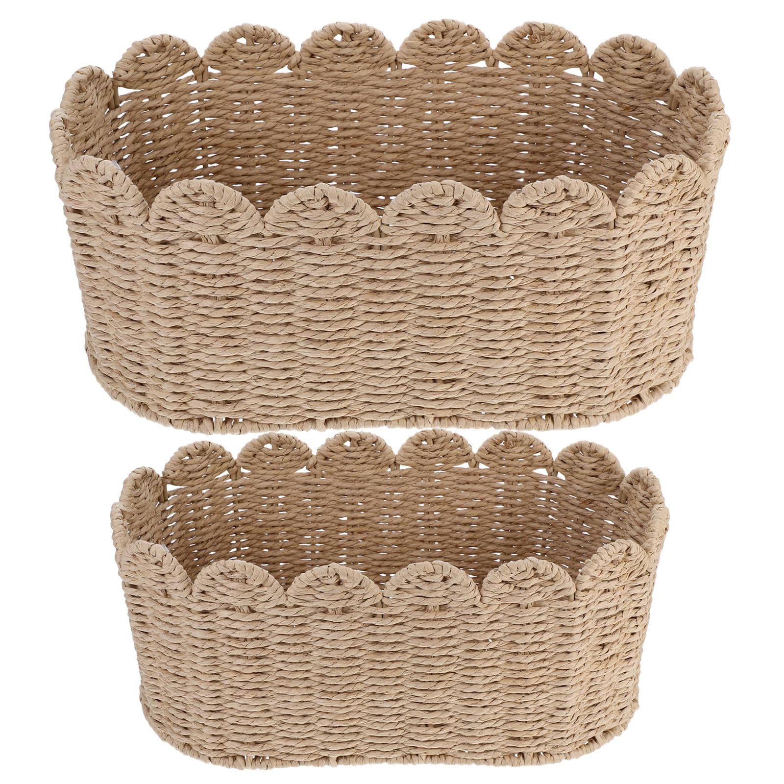 Cestas de Almacenamiento de Cuerda de Papel Trenzada Rectangulares 2piezas | Beige, Borde Festoneado, Hierro Integrado, Organización Versátil para Salón y Decoración del Hogar