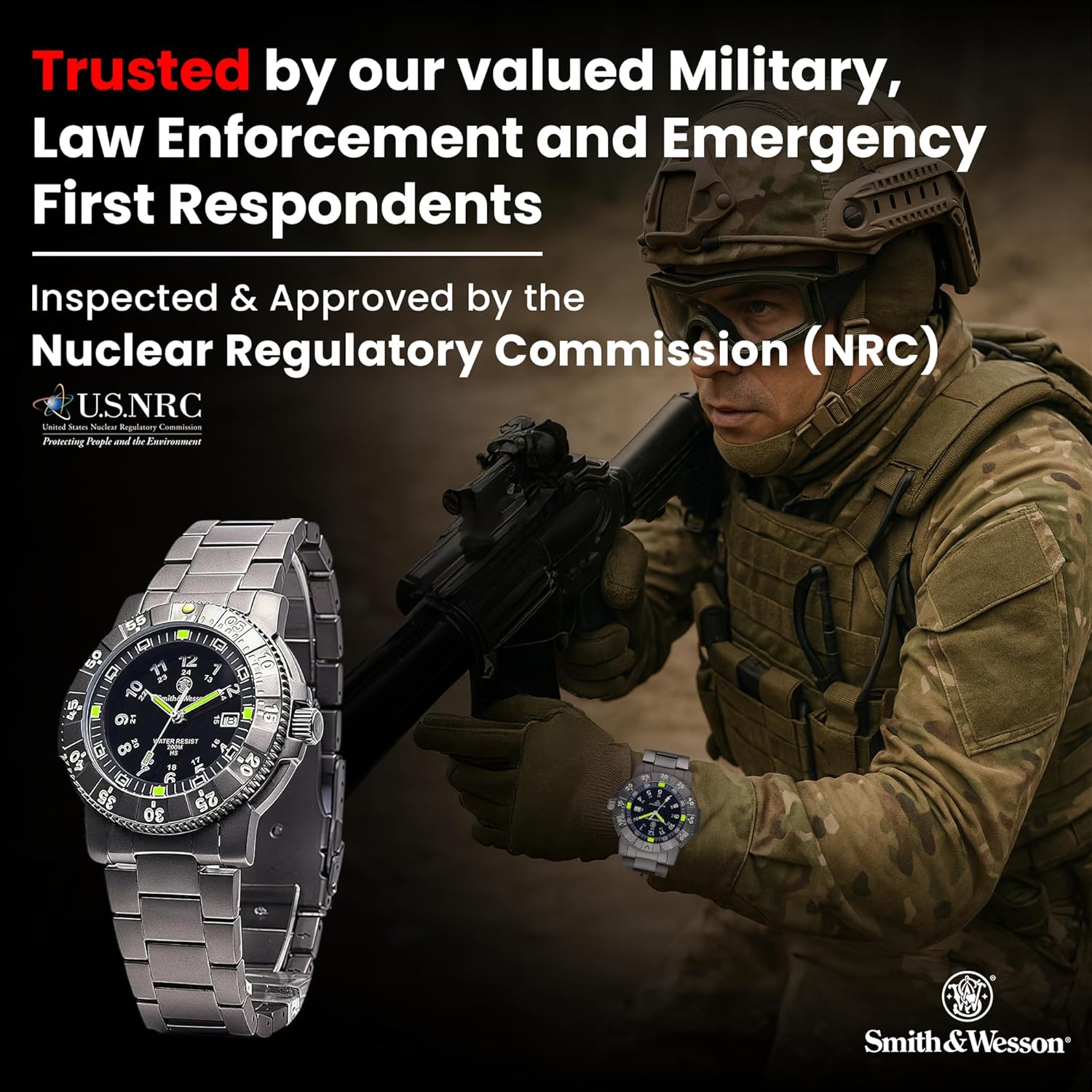 Smith & Wesson 357 Series Swiss Tritium H3 Tactical Military Watch, 20ATM Waterproof Men's Diver Tiempeice with Analog Display, 45mm Field Watch with Rubber Strap, Swiss Parts, Thailand Movement