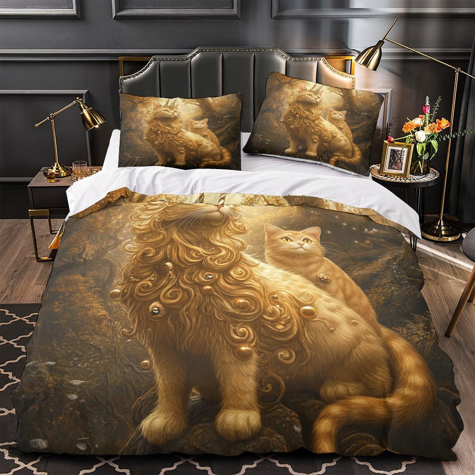 Fantasia del gatto dorato Impressione 3D 3 pz fodera per edredone arte di creature mitiche coperteletto microfibra ipoallergenica antiacari per ragazzi uomini adulti King（220x240cm）