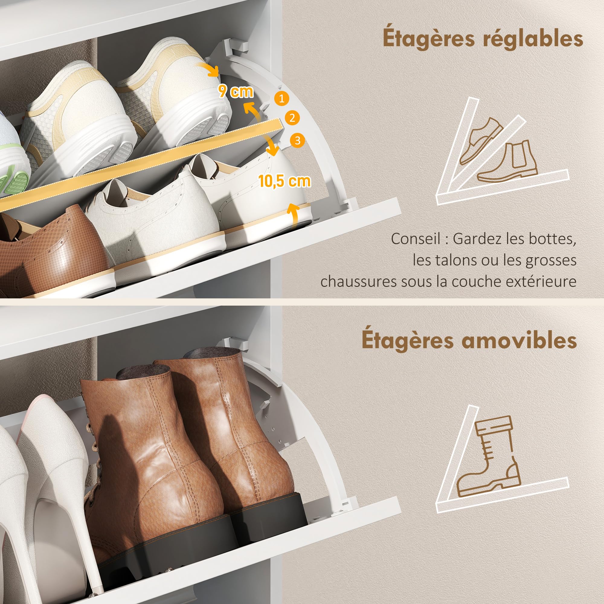 HOMCOM Meuble à Chaussures 8 Paires 2 Tiroirs 59 x 24 x 90 cm Blanc
