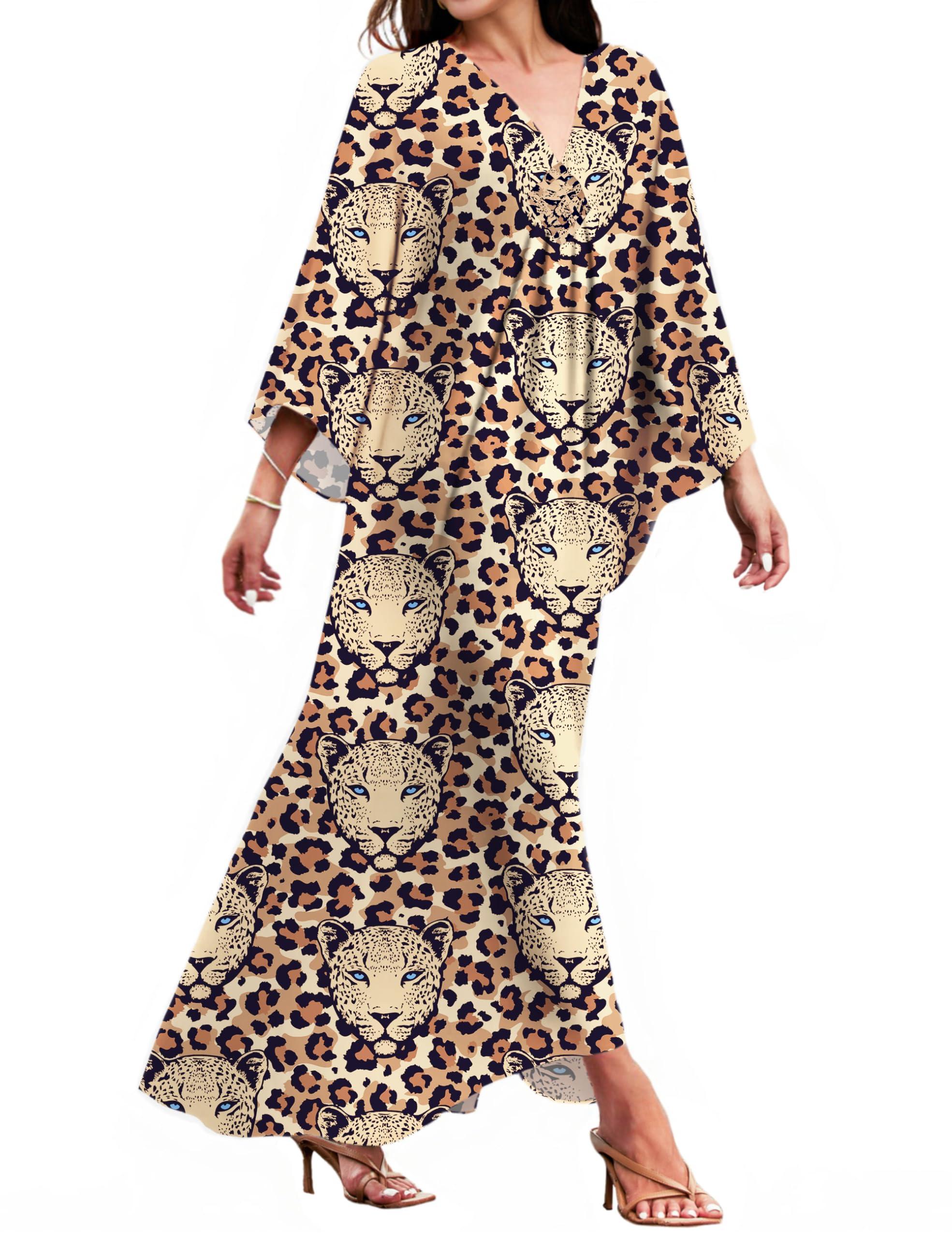 MAKABO Kaftan Dresses for Women V Neck Moo Moos Colorful Print Cover Ups | 100% Viscose Soft Skin Friendly, Breathable, Caftan Beach Dresses for Swimwear, Multi Pattern, Great Party Choice