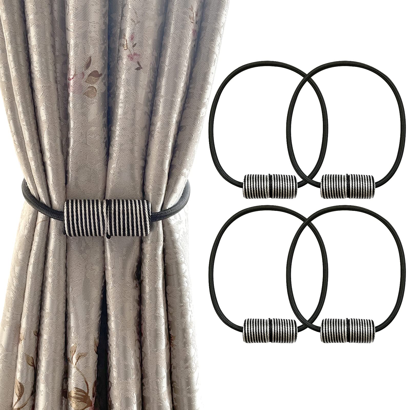4 Pack Magnetic Curtain Tiebacks Clips, Two-Color Strong Magnetic Window Holdbacks Tie, Decorative Window Curtain Buckle, Curtain Tiebacks for Drapes (Black & White)