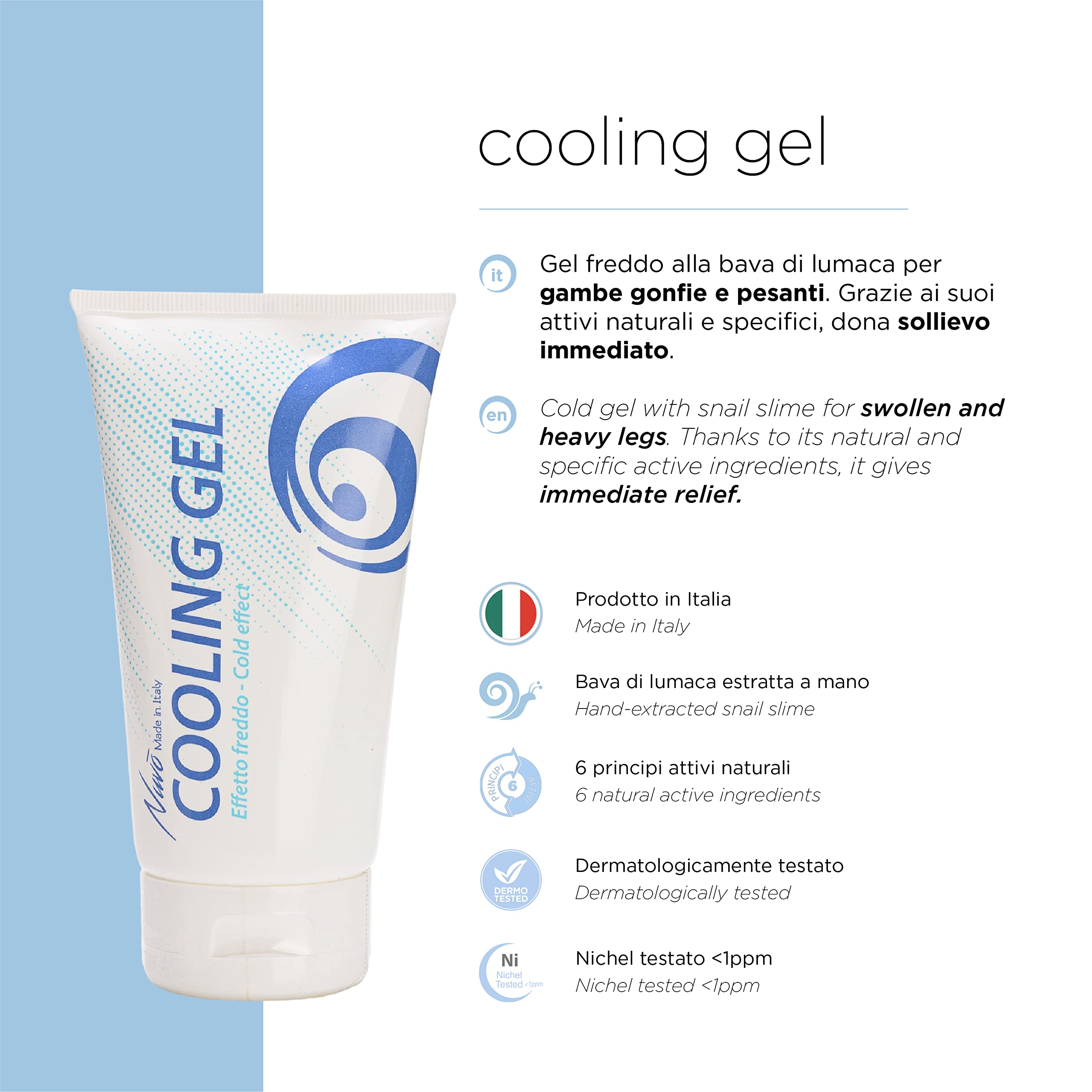 Nuvo' - Crema Gel Rinfrescante Gambe Piedi Caviglie Gonfie Pesanti Stimola la circolazione EFFETTO FREDDO Bava di Lumaca Mentolo Eucalipto Estratti di Mirtillo Made in Italy 150ml