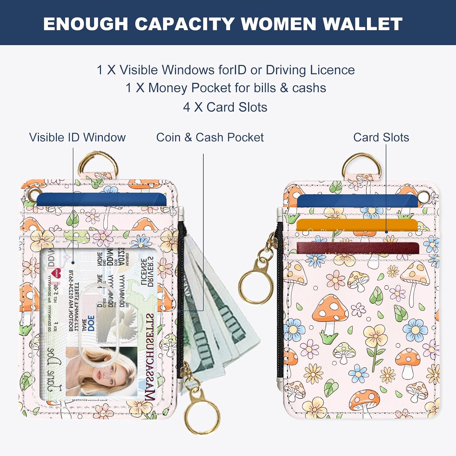 Slim Wallet Credit Card Holder, Mushrooms And Flowers, RFID Wallet Women Cute Small Front Pocket Wallet With Zipper, PU Leather Thin travel RFID Blocking Card Case ID Window,Ladies Gifts image 2