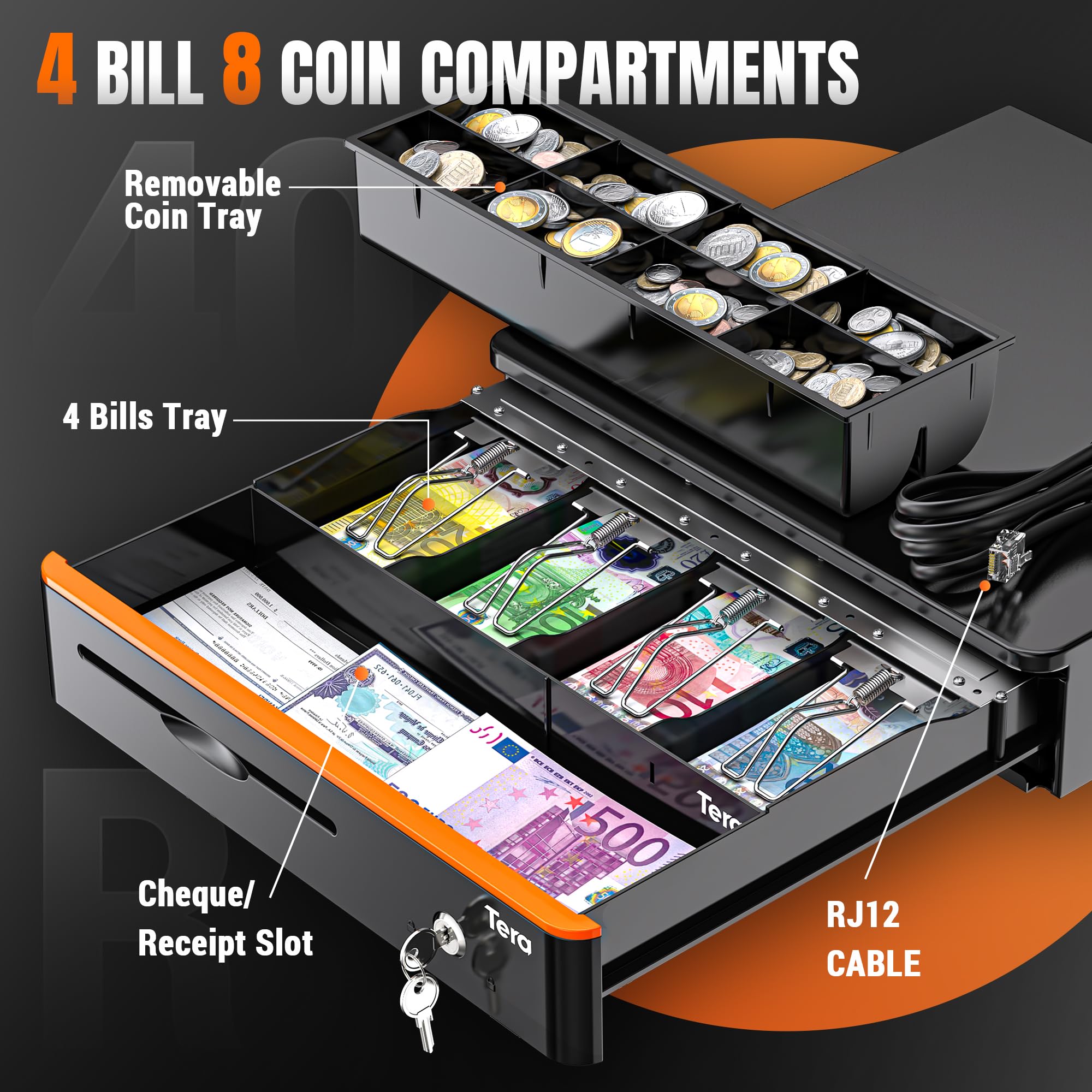 Tera Cajón Portamonedas Caja Registradora con Cerradura: 40,5 × 40 × 10,2 cm 5 Compartimentos Billetes 8 Monedas con Bandeja RJ12 Llaves Microinterruptor para POS Supermercado Tienda Modelo 405R