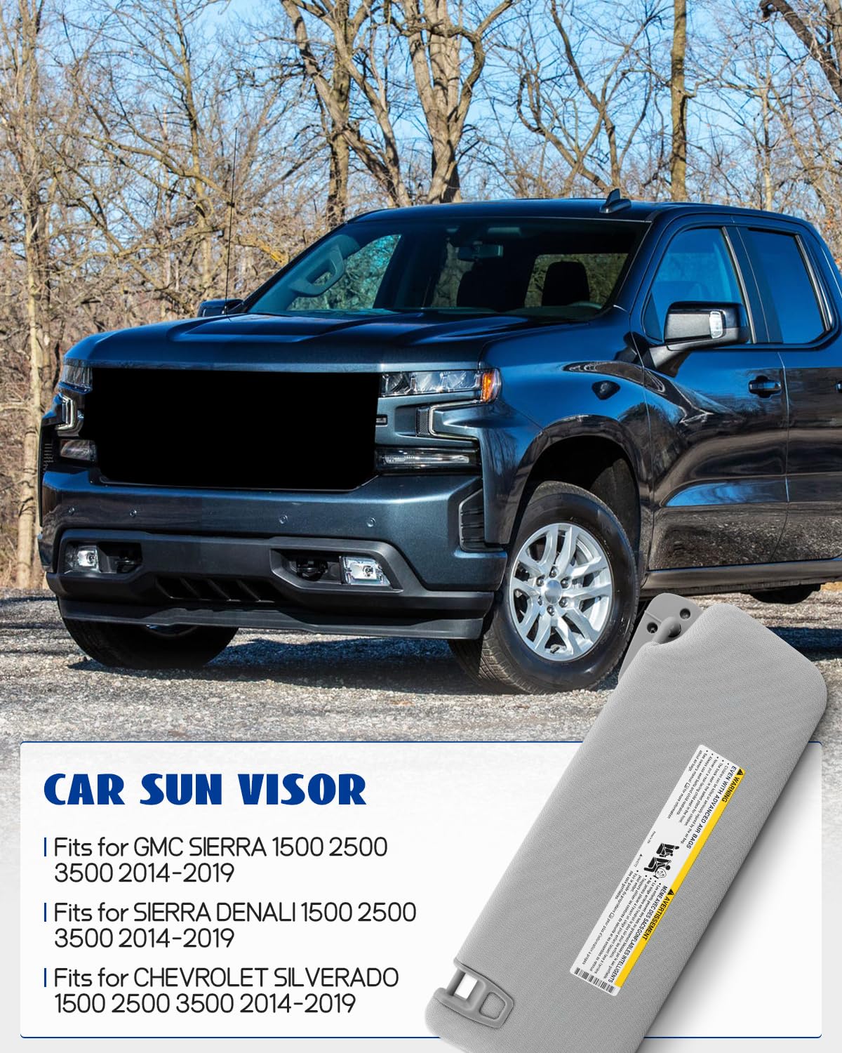 ANODZU Left Driver Side Sun Visor with LED Lights Fit for GMC Sierra/Sierra Denali 1500 2500 3500 Chevrolet Silverado 1500 2500 3500 2014-2019, Replace 23459655 (Gray)