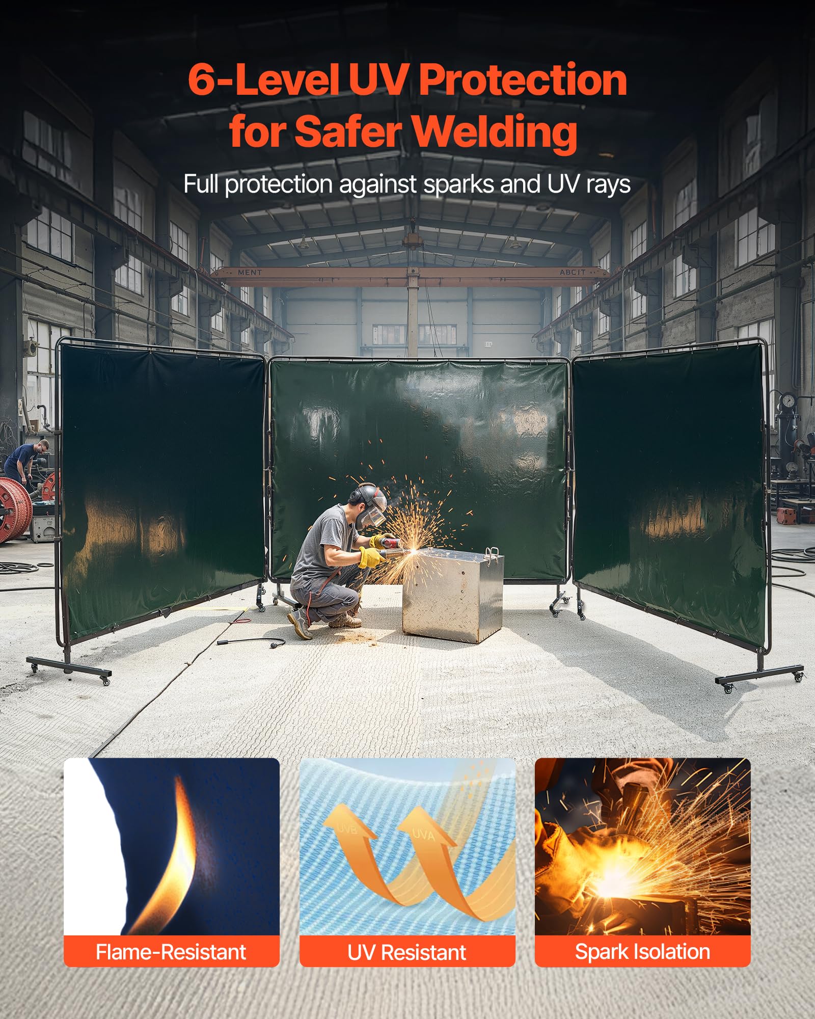 VEVOR Schweißvorhang mit Rahmen, 3-teilig, 1740 x 2340 mm, flammhemmende Vinyl-Schweißschutzwand mit 12 Rädern & 6-stufigem UV-Schutz für Werkstatt-/Industrieanwendungen, Dunkelgrün