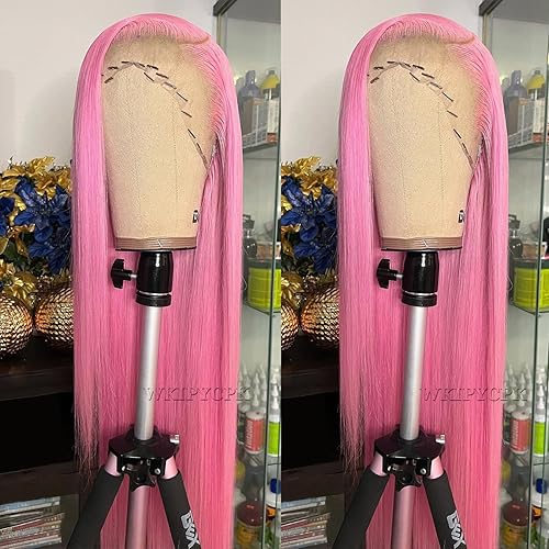 Pelucas de encaje frontal de color rosa, cabello largo y lacio, peluca rosa pastel, resistente al calor, parte libre, peluca de encaje natural,