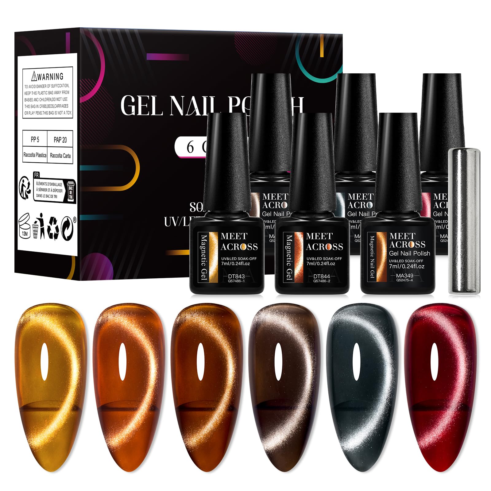 MEET ACROSS Amber Cat Eye Gel Polish Set Brown Glitter Gel Polish Kit Nude Cat Eye Gel Nail Polish Magnet Translucent Soak Off UV Cateye Nail Polish