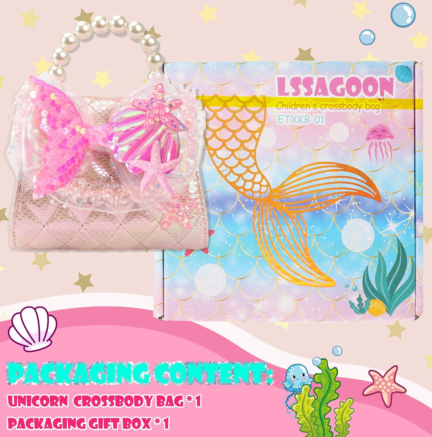 Unicorn Mermaid Purse for Little Girls,Toddler Handbag with Kids Dress up Jewelry Set,Gifts for Birthday Xmas