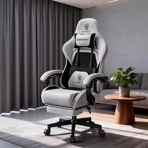 Miniatura 8 de Dowinx Silla de juegos de tela con cojín de resorte helicoidal, silla de juego ergonómica para adultos con reposapiés y soporte lumbar de masaje,