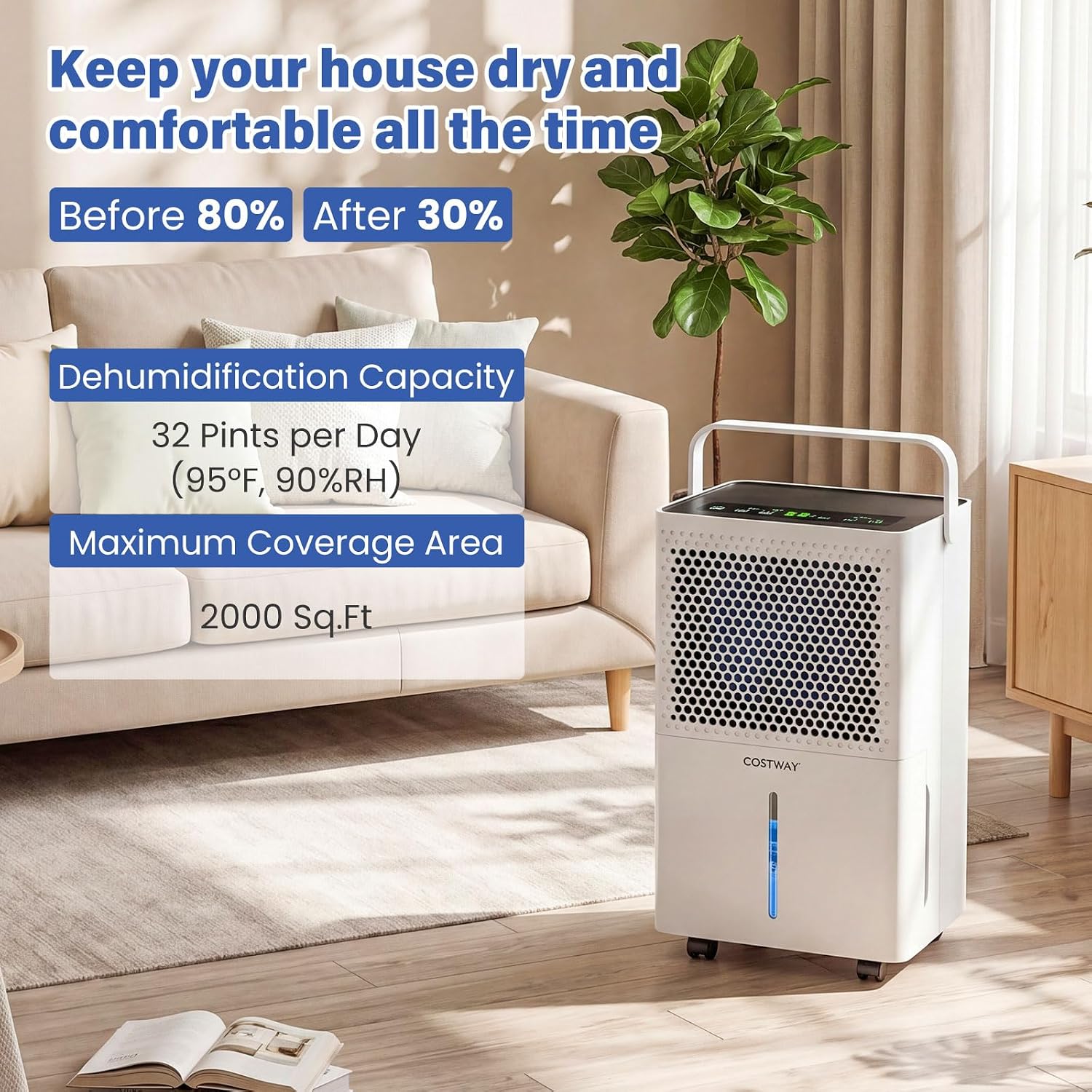 COSTWAY Dehumidifier for Home, 2000 Sq.Ft 32 Pint Compressor Dehumidifier with Drain Hose, Smart Humidity Control, 24H Timer, Auto Defrost & Child Lock, Quiet for Bedroom, Bathroom & Basement 3 81lQLk +06L. AC SL1500