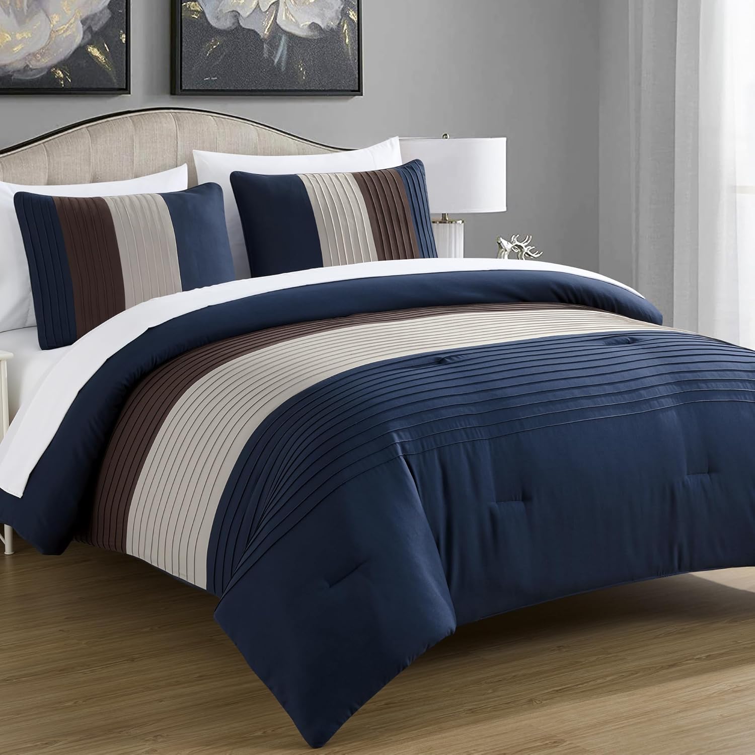 Chezmoi Collection Briar 7-Piece Queen Bed in a Bag - All Season Lightweight Microfiber Comforter Set - Includes Sheets & Shams - Midnight Blue/Brown/Coffee Pleated Stripe Design Midnight Blue/Brown/Coffee Queen