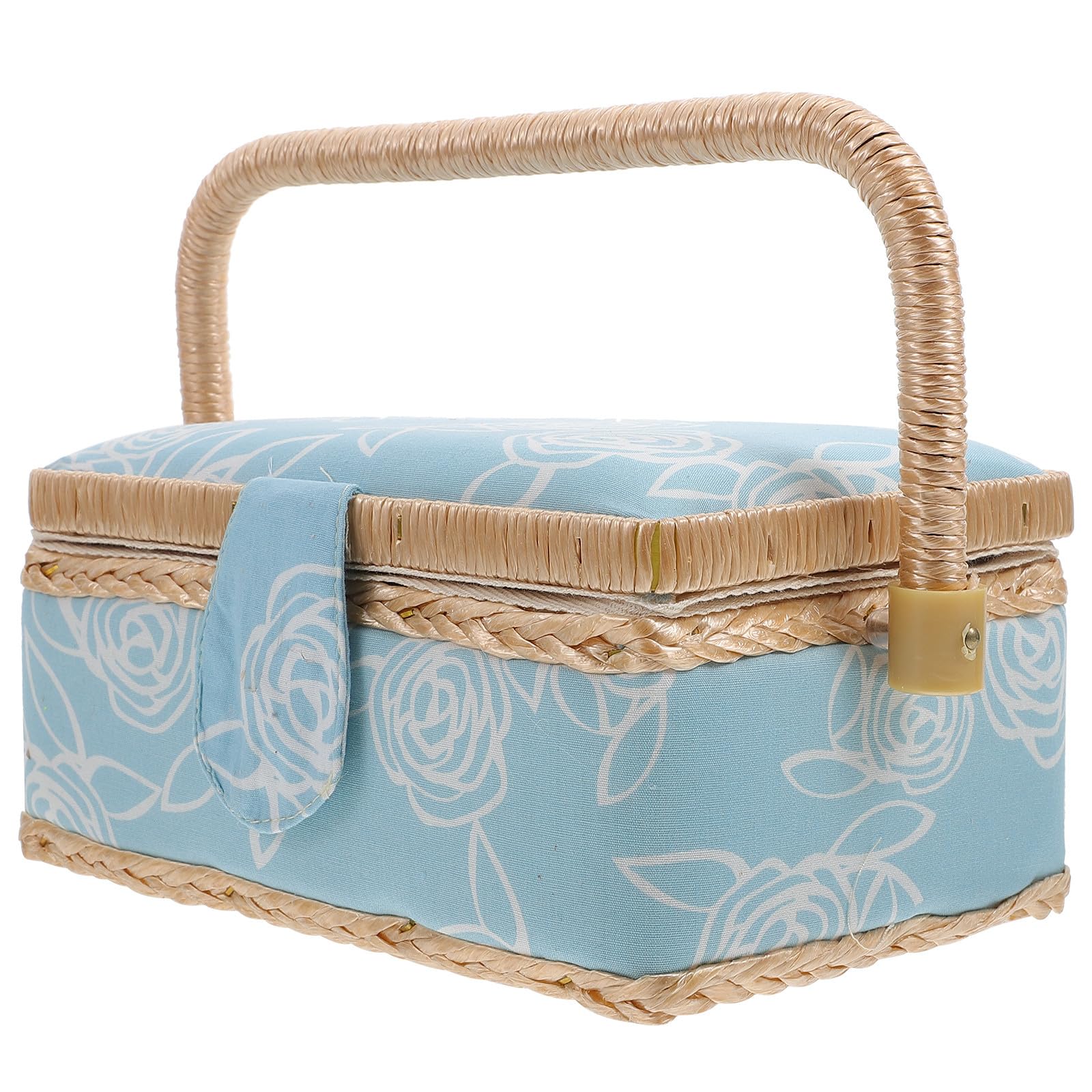 Caja de Herramientas de Costura de Poliéster Resistente, Tamaño Compacto, Color Azul Claro Diseño de Rosa, Organizador Portátil para Almacenamiento Doméstico y Manualidades, Cesta