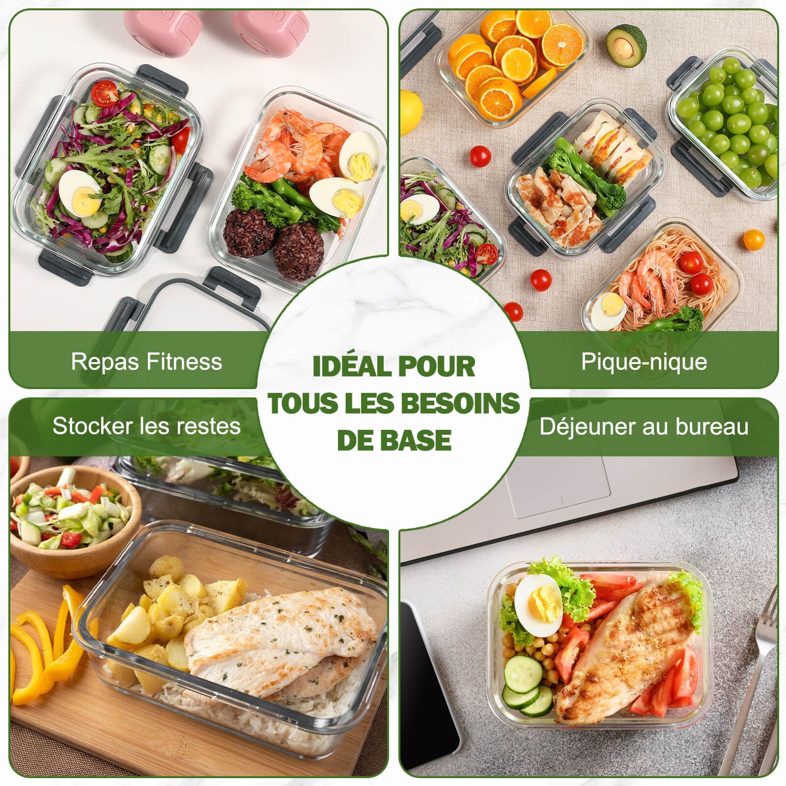 YASHE Boite Alimentaire Verre avec Couvercle Hermétique - Lot de 10 Lunch Box Verre Réutilisables, Sans BPA, Compatibles Micro-ondes, Four, Lave-vaisselle, Congélateur