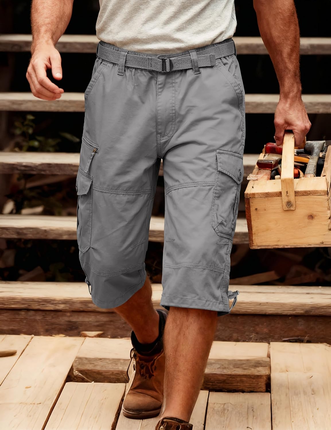 MAGCOMSEN Mens Cargo Shorts Long Capri Elastic Below The Knee 3/4 Cotton Casual Summer Shorts with Pockets - Image 2