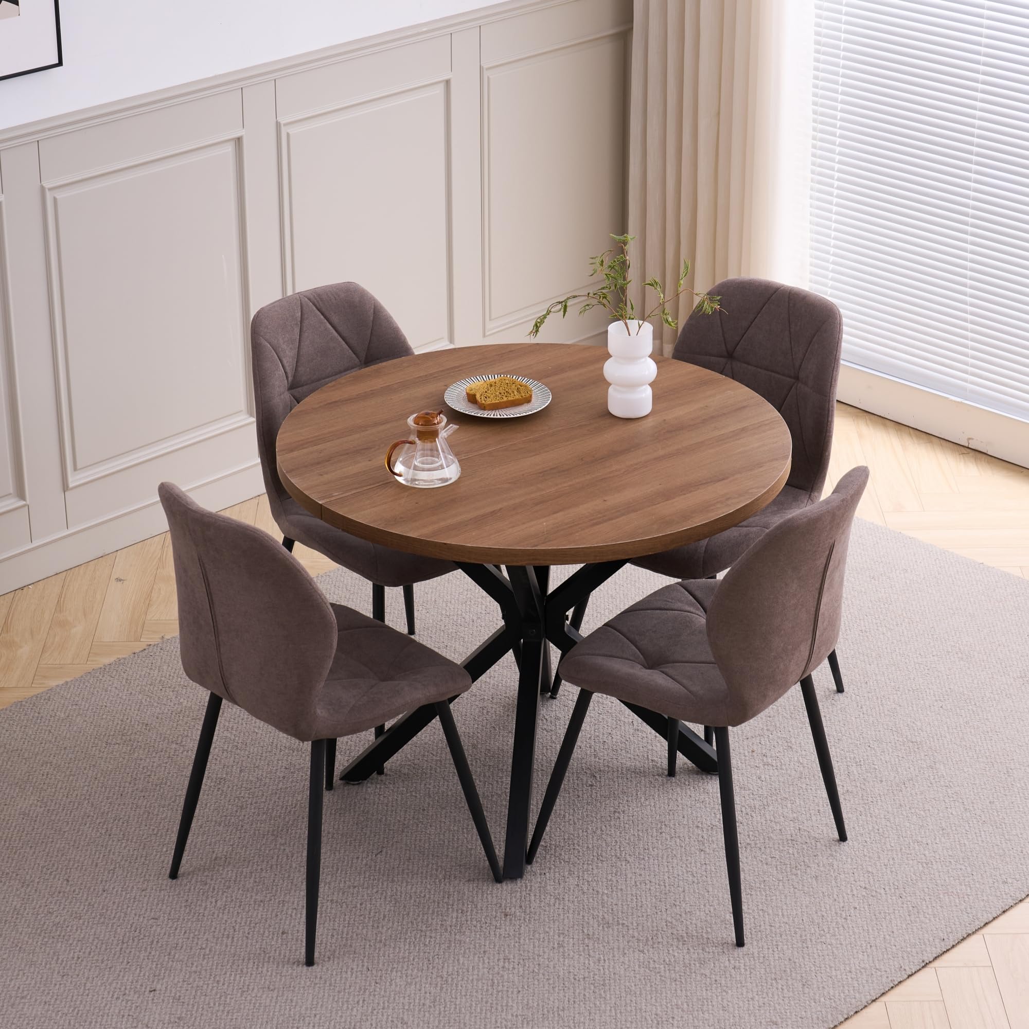 Juego de Mesa y Sillas de Comedor, Mesa de Comedor Redonda de 100 * 100 * 76.5 cm y 4 Sillas Modernas de Lino, para Comedor, Cocina, Sala de Estar, Textura Oscura + Marrón