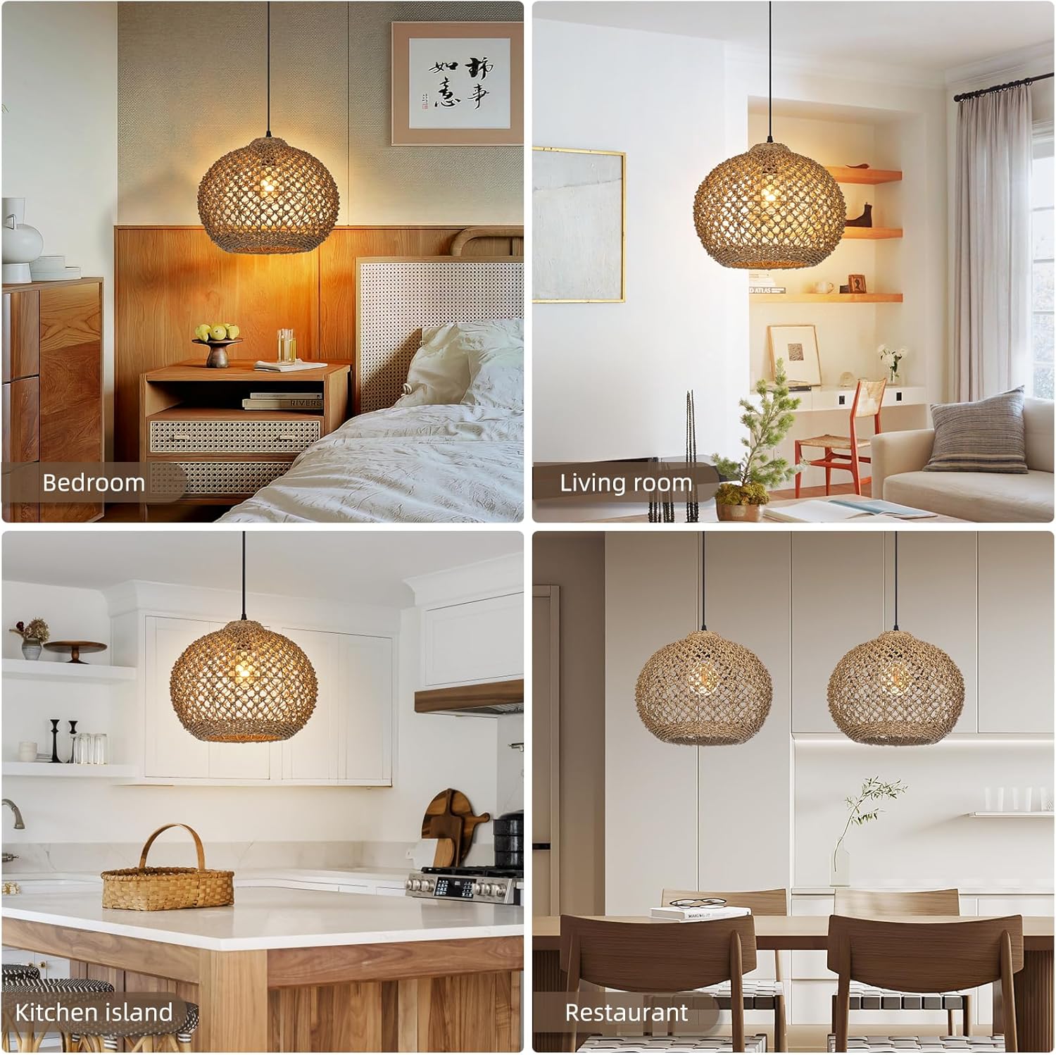 Boho Chandelier, Farmhouse Ceiling Hanging Lamp Shade, Natural Rattan Weaving Light Fixture, Rustic Round Pendant Lighting for Kitchen Dining Room Restaurant Bar, 13.78" W x 11.02" H