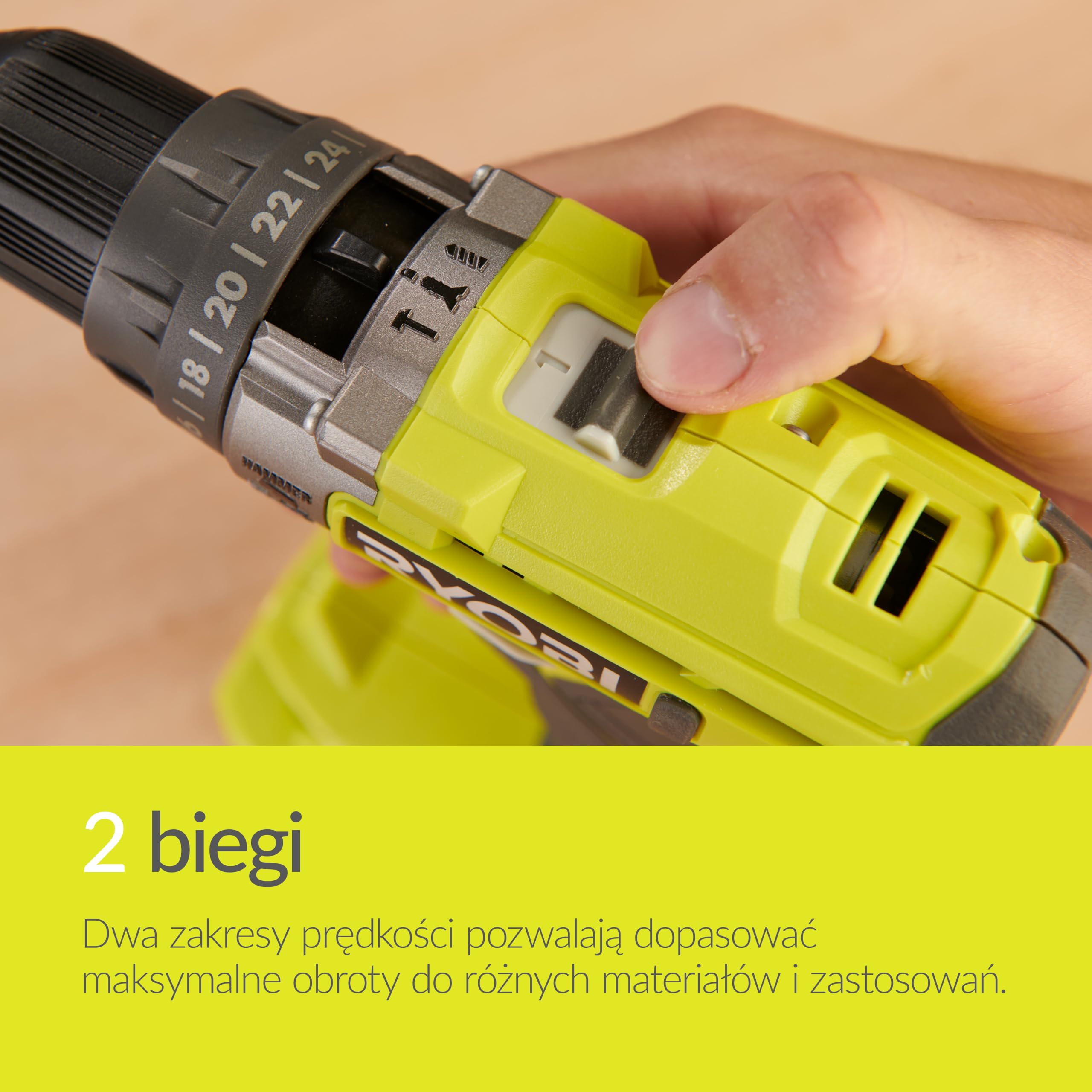 Ryobi Wiertarko-Wkrętarka Udarowa 18 V, R18PD2-242S, Moment Obrotowy 40 Nm, 2 Biegi 0-400/0-1350 obr/min., Max Liczba Udarów 21600/min, Bezkluczykowy Uchwyt Wiertarski 10 mm, Wbudowana Lampka LED