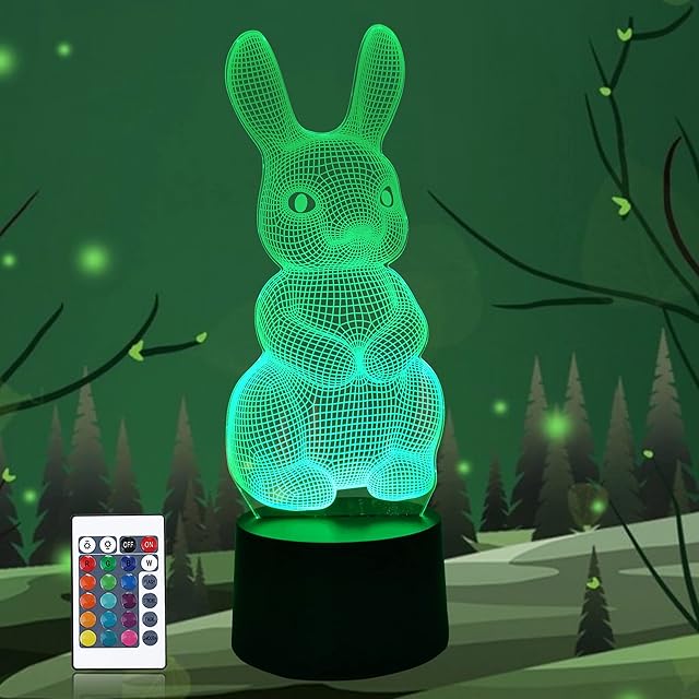 CooPark Rabbit Bedside Light for Kids, Bugs Bunny 3D Hologram Illusion Night Lamp LED Remote Control 16 Color Changing, Best Christmas Easter Birthday Gift for Child Baby Girl