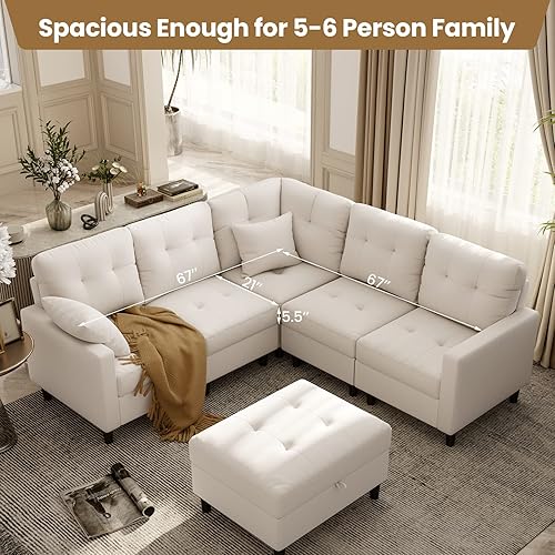Miniatura 4 de Giantex Sofá modular modular modular en forma de L con otomana móvil, tela de lino sintético, 2 almohadas extraíbles incluidas, sofá moderno para