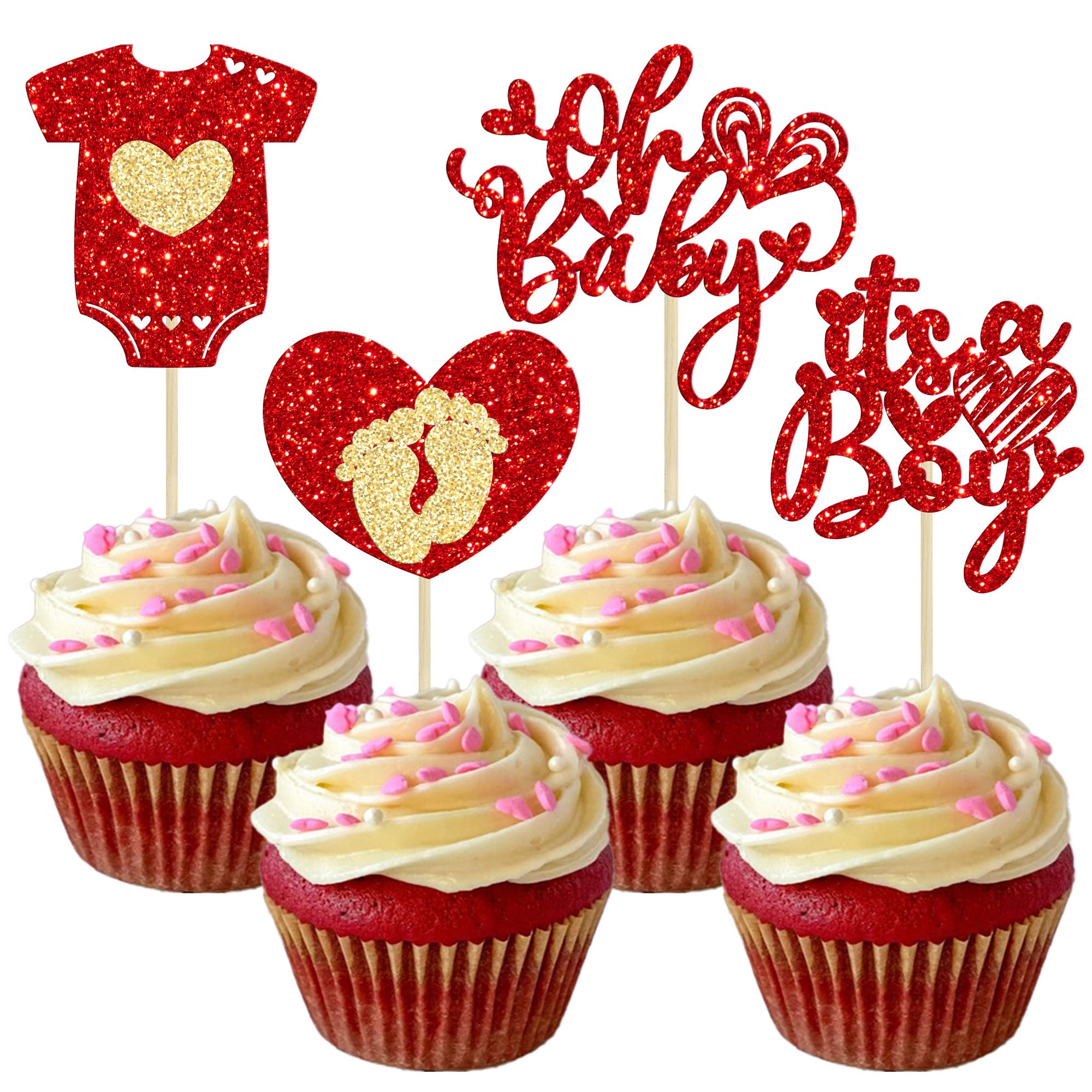 Ephlyn 24Pcs Happy Valentine's Day Oh Baby Cupcake Toppers Glitter Baby Feet Onesie Heart It's a Boy Cupcake Picks for Baby Shower Birthday Party Cake Decorations Supplies Red
