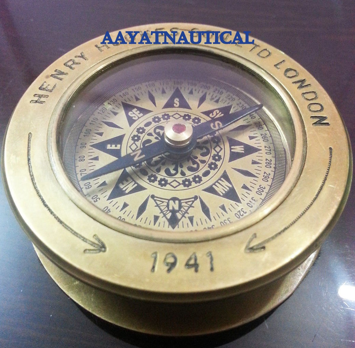 AAYAT NAUTICAL Brass Collectible Antique Compass Henry Hughes Son LTD London 1941" w Magnifying