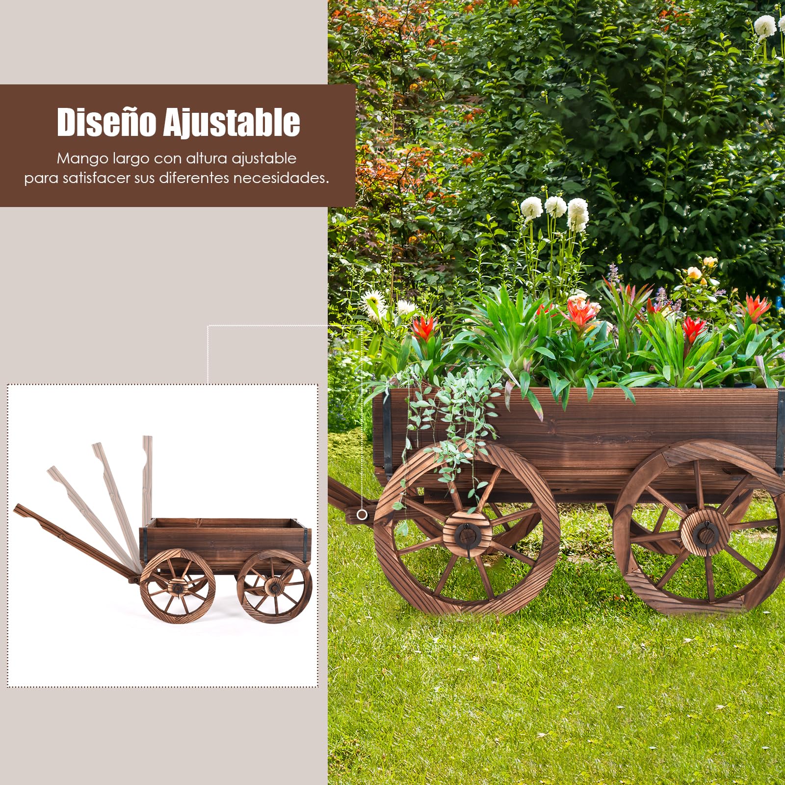 GOPLUS Carrito de Madera para Planta con 4 Ruedas y Mango, Macetero Decorativo Exterior con 2 Agujeros de Drenaje, Jardinera Jardín para Terraza, Patio, 65 x 34 x 20 cm, Marrón
