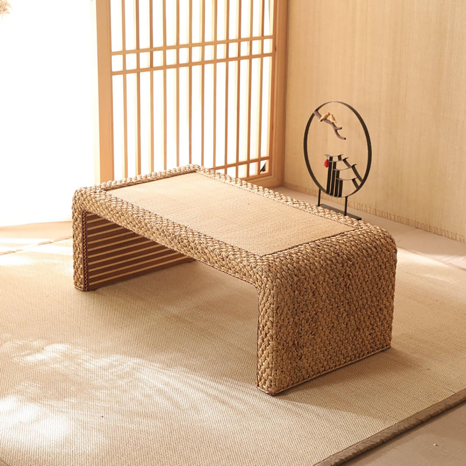 Table de salon rectangle en rotin tressé main : meuble robuste et durable pour cour ou chambre