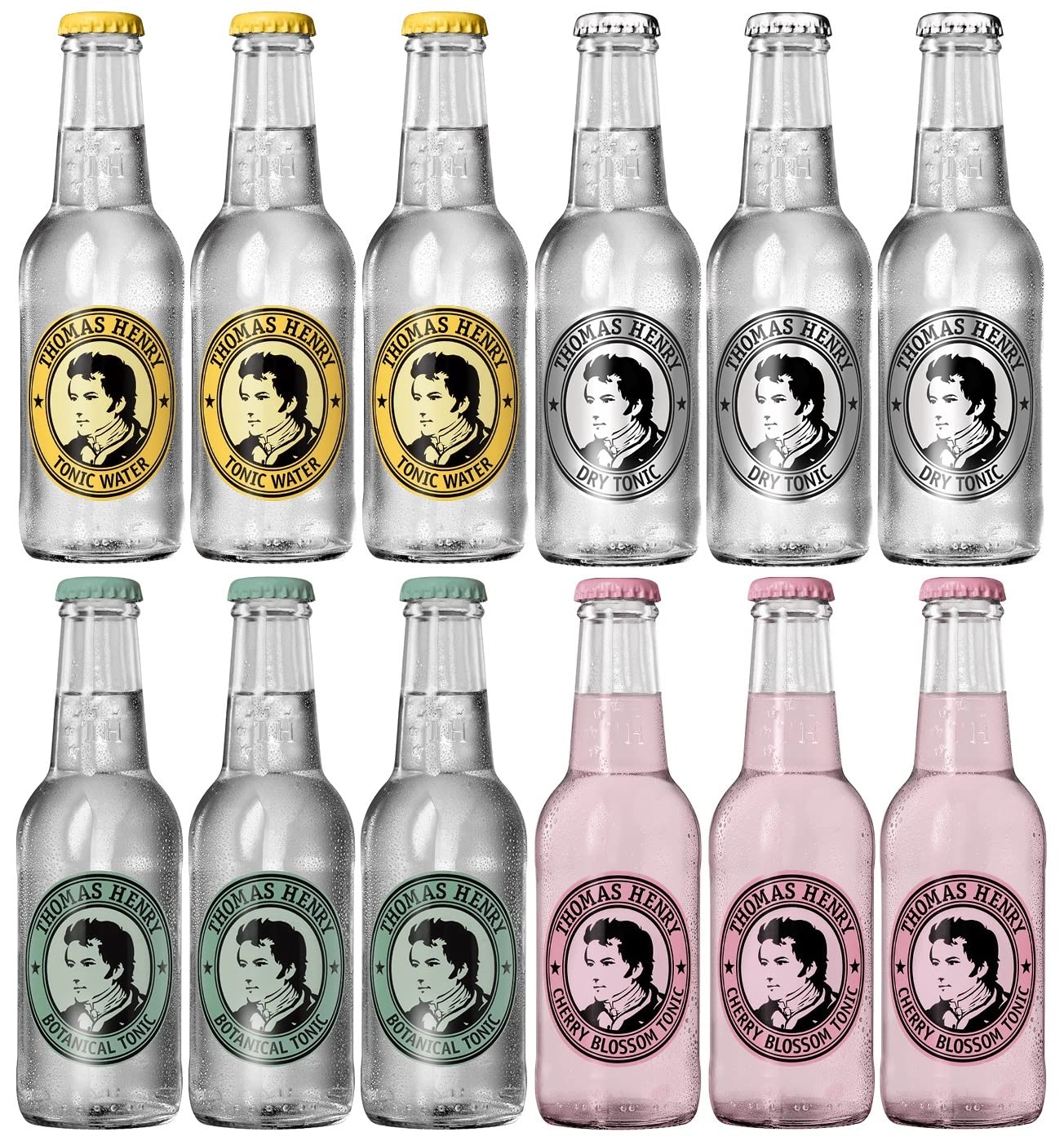 Thomas Henry Juego de tónico, 4 variedades de agua tónica, (12 x 0,2 l de vidrio MW), juego de 12 para probar I 3 botellas de agua tónica, tónica seca, tónica botánica y flor de cerezo.