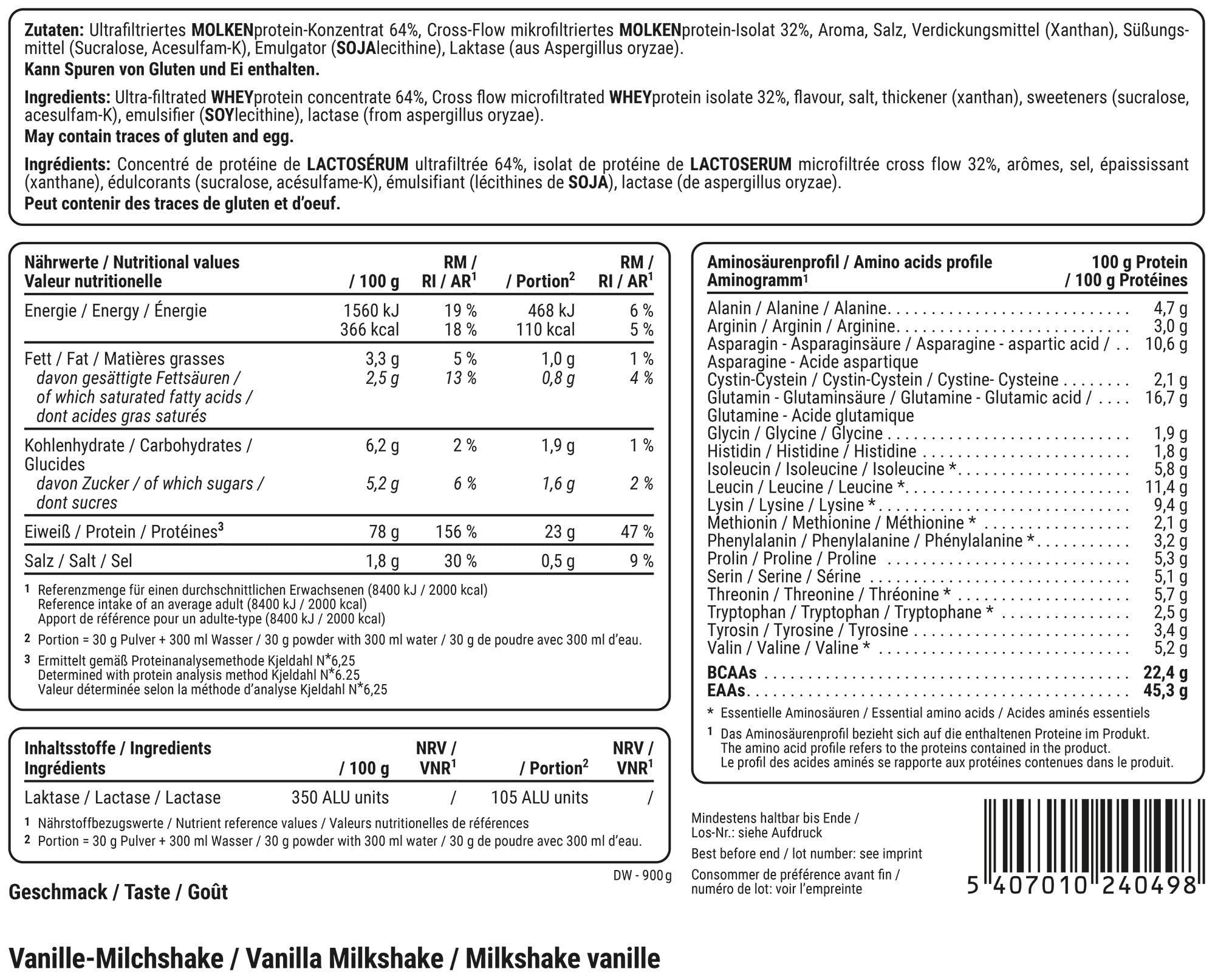 PEAK Delicious Whey Protein - 900g Geschmack Vanilla Milkshake I 30 Portionen I Pulver I Proteinquelle: Molkenprotein Konzentrat + Isolat I ohne Zuckerzusatz I mit Verdauungsenzym Laktase