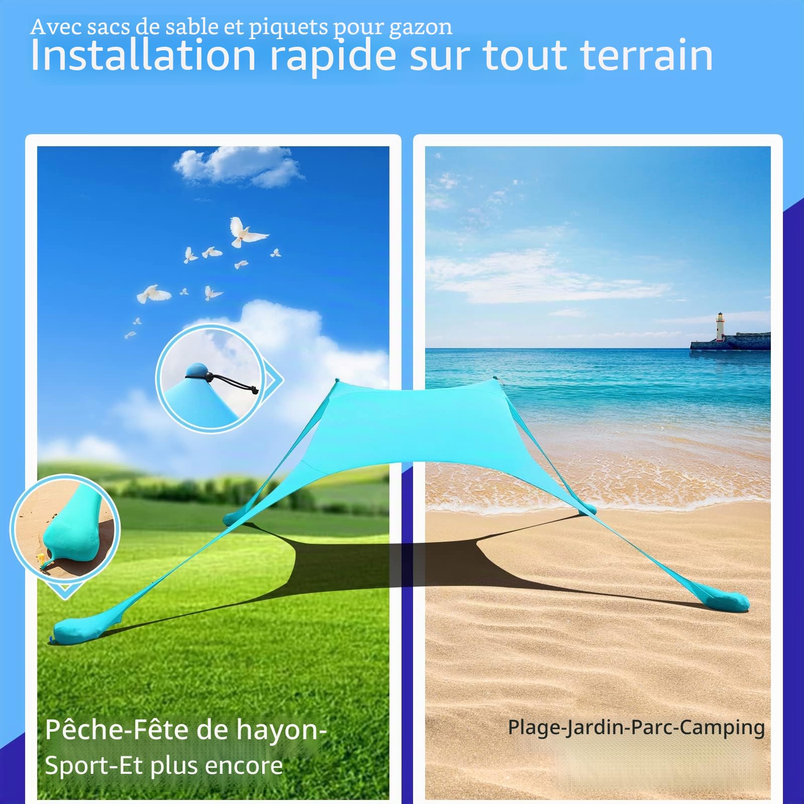 Tente de plage UV UPF50+ pare-soleil 2 poteaux camping pêche bleu