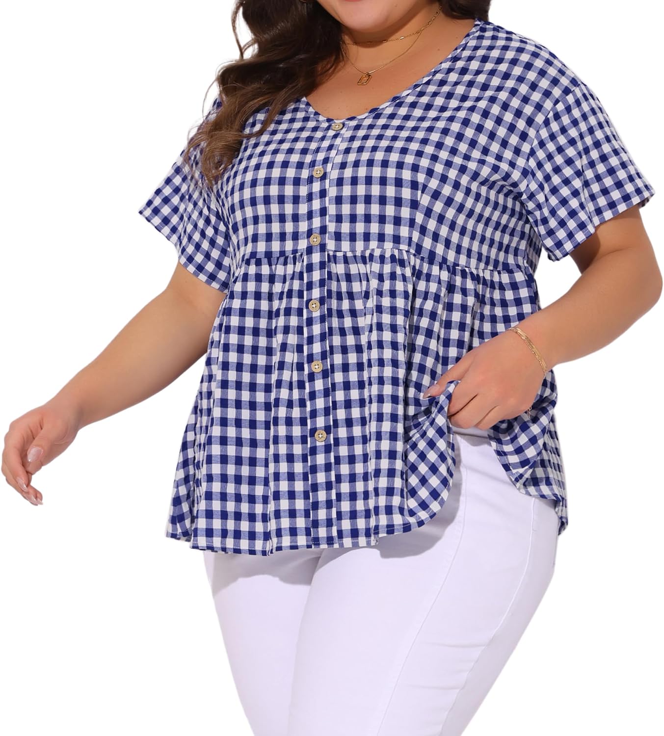 Agnes Orinda Plus Size Gingham Tops for Women 1950s Plaid Short Sleeve V Neck Summer Babydoll Peplum Top Blouse - Image 2