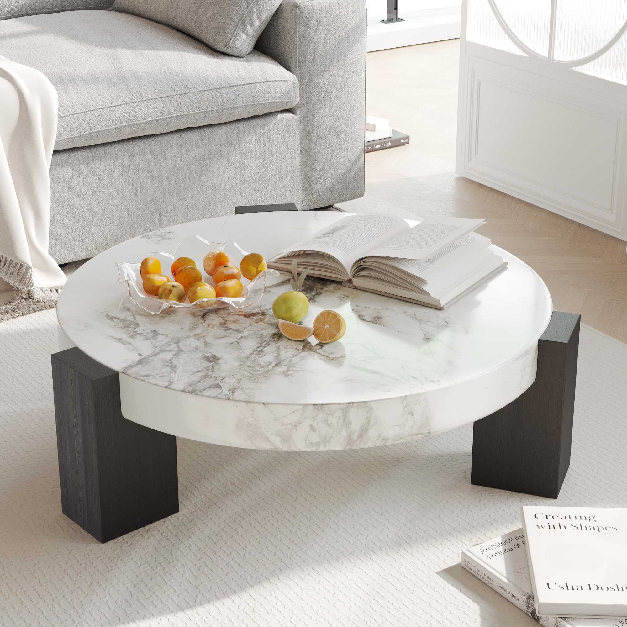 35.43" Modern Round Coffee Table,White Center Coffee Table with Faux Marble Texture Surface& Strong Wood Legs,Round Center Coffee Table for Living
