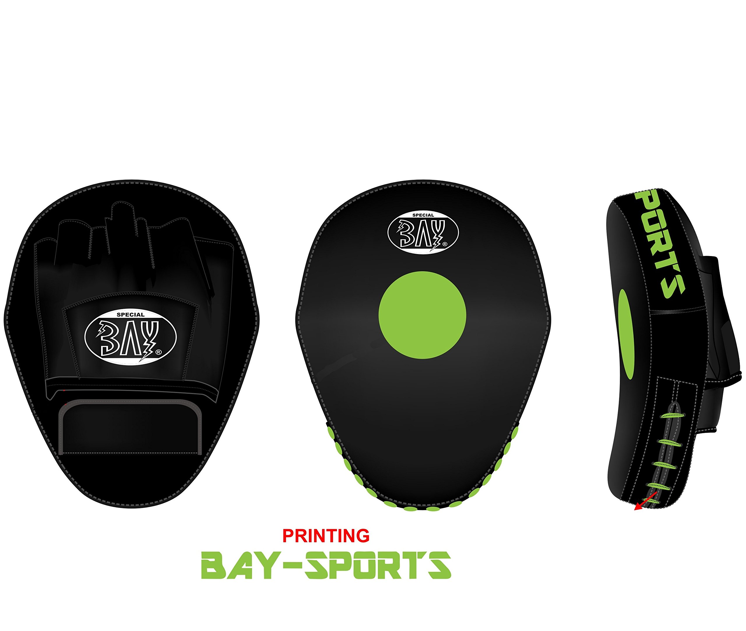 BAY Handpratzen aus Echtleder, Ergonomische Schlagpolster mit Vorkrümmung für Kampfsport, Schwarz-Solar Grün, 2 Stück