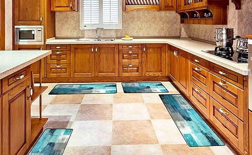 Miniatura 3 de TOMWISH Juego de 3 tapetes de cocina color turquesa, arte abstracto gris, 20 x 32 + 20 x 48 + 20 x 59 pulgadas, tapetes de cocina lavables