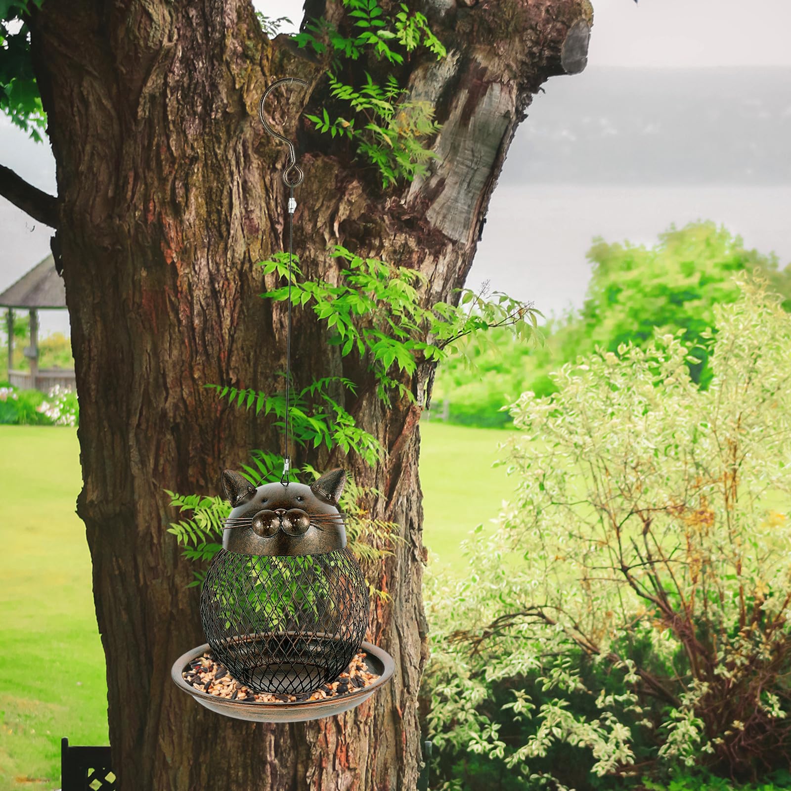 Vintage Vogelfutterhaus in Katzenform aus Metall Installieren als Gartendeko für Draußen und Vogel Futterstelle im Outdoor Bereich