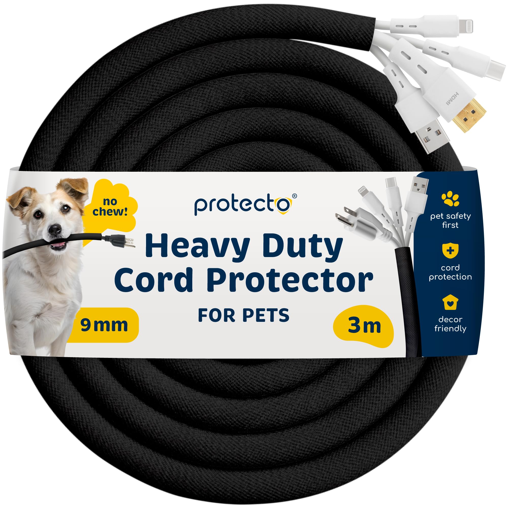 PROTECTO Wire Protector from Pets, Black Cable Sleeve Tidy Tube Animal Proof, 3m Odor-Free Cat & Dog Chew Resistant Floor Cable Cover, Plastic Cord Organiser for Power, Lightning, RCA & HDMI Cables