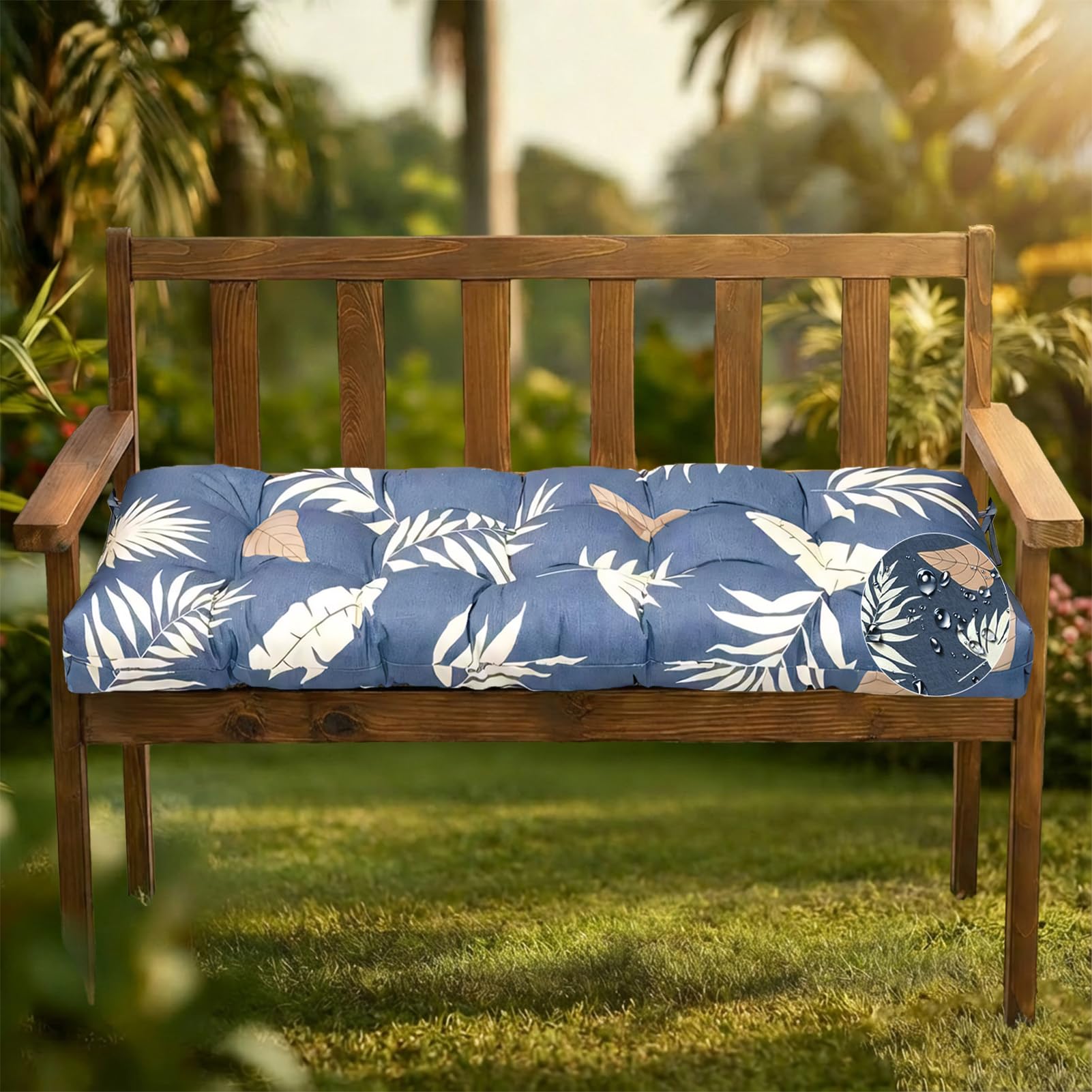 Bench Cushion Outdoor Garden Waterproof: Thick Fade Resistant Rectangle Replacement Sitter Pad with Tie-On Straps for 2-3 Seater Indoor Patio Porch Window Kitchen Dining Chairs (Green, 130X50X10cm) — view 9