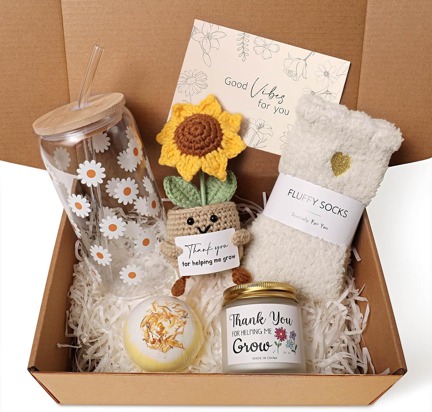 Teacher Appreciation Gifts for Women, Thank You Gift Box for Teachers Bulk Basket End of School Teachers Day Gift with 16oz Glass Cup Sunflower
