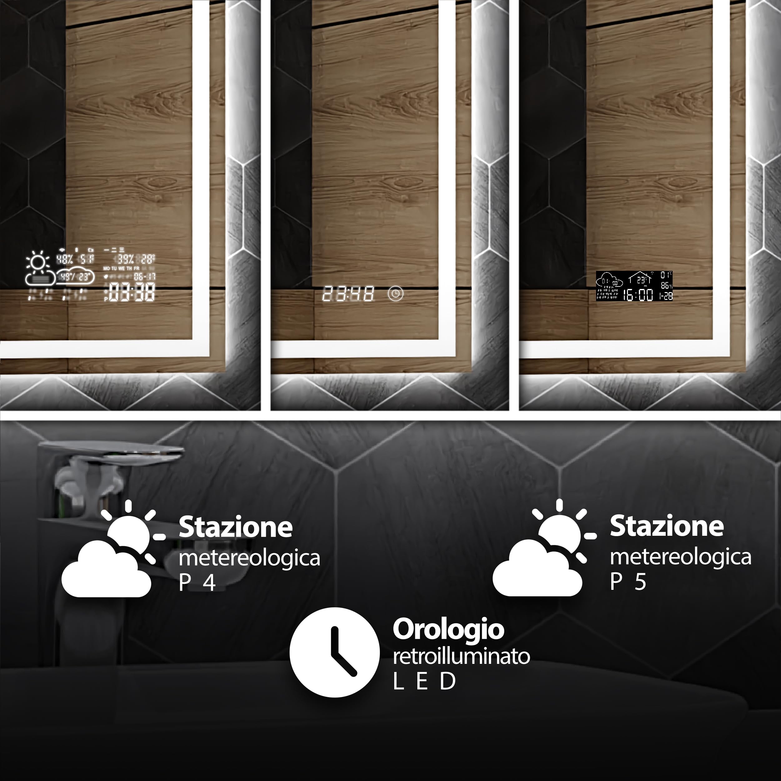 Atlanta Specchio Bagno LED 110x90cm Antiappannamento, Retroilluminato, Personalizzabile, Rettangolare, Selezione Colore Luce